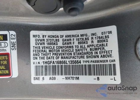 2006 Honda Civic Ex из США, поврежденный, VIN 1HGFA16866L135664